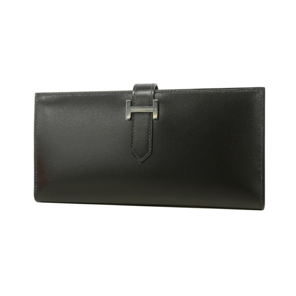 Hermes Bearn Soufflet Long Wallet, Box Calf Leather, So Black, K Stamp, Men's...